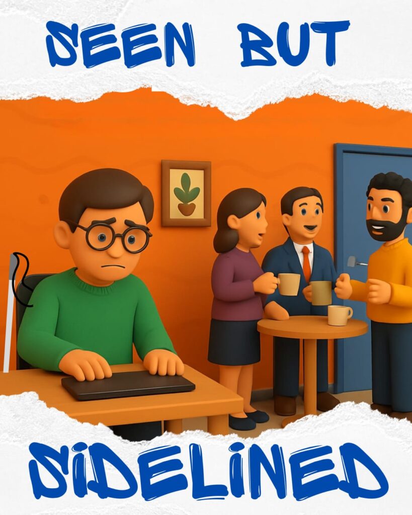 Illustration of a man using a laptop and sitting alone while three colleagues chat together nearby, with the text “Seen but Sidelined.”