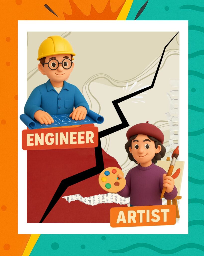 Illustration showing an engineer holding blueprints and an artist holding a paintbrush and palette, separated by a jagged line, with the words “Engineer” and “Artist.”